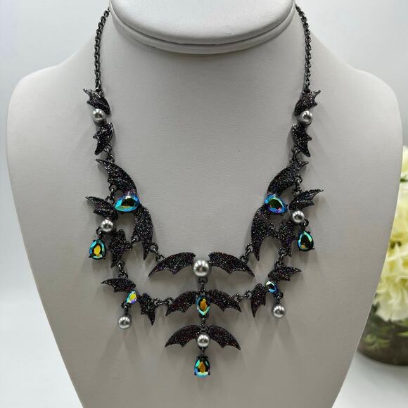 Betsey Johnson Gray Pearl Black AB Rhinestones Gothic Bat Bib Statement Necklace - Picture 1 of 11